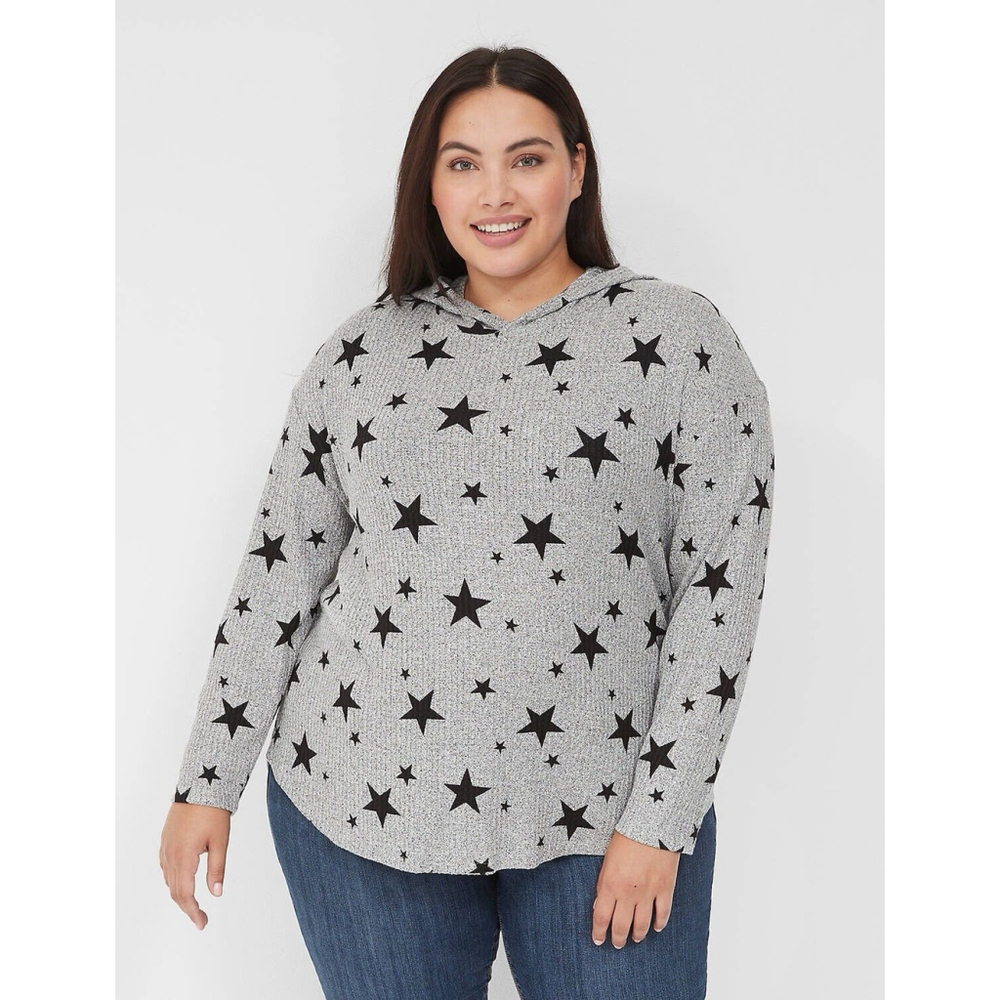 NWT Lane Bryant 14/16 Star Waffle Knit Curved Hem Hoodie Tee Shirt Soft Casual